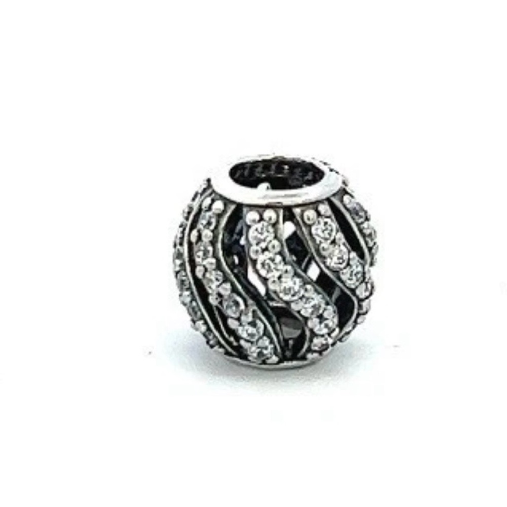 Pandora Retired Black Enamel Clear CZ Wave Clip Charm Sterling Silver 925 ALE - Picture 2 of 7